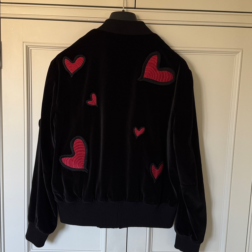 Alice + Olivia Embroidered Heart Velvet Velour Bomber Jacket Black - Small - Picture 7 of 10